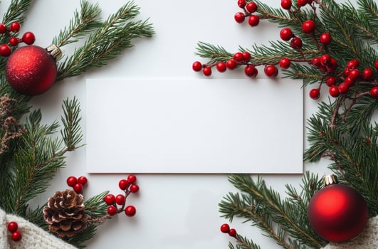 Festive arrangement of pine branches, berries, and pinecones with a blank card for holiday messages photo