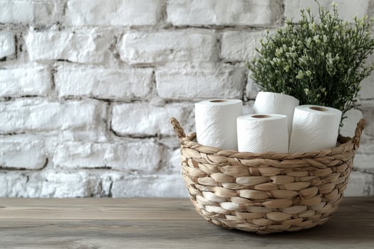 Soft white toilet paper rolls in a woven basket on a wooden table against a brick wall photo