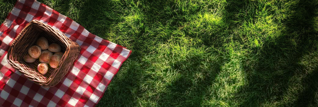 A woven basket rests on vibrant green grass with a red and white checkered cloth inside photo