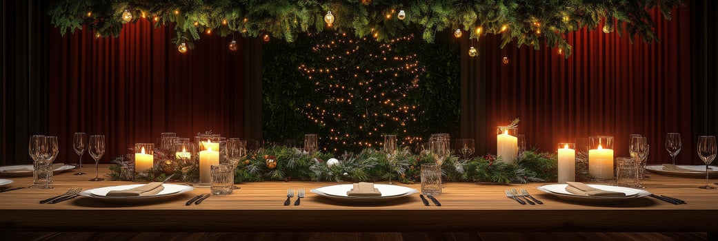 Elegant Christmas dinner table setting with candles and festive decor in a cozy setting photo
