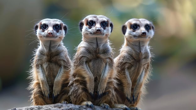 three meerkats are sitting on a rock photo
