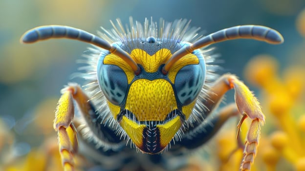 a close up of a bug with a yellow and blue face photo