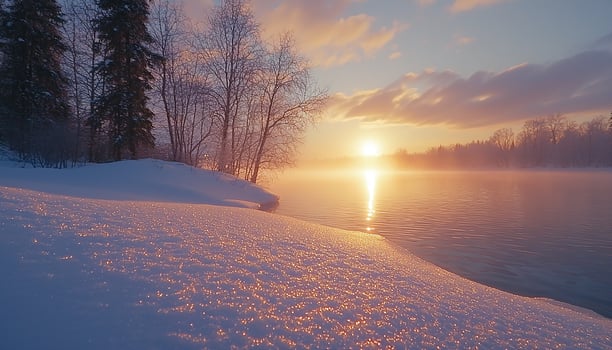Sunset in winter forest, snow covered trees at dusk generated by AI photo