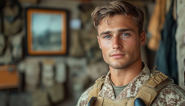 Confident young man in military uniform smiling proudly generated by AI photo