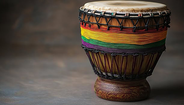 Wooden drum, African musician, colorful decoration, old fashioned souvenir generated by AI photo