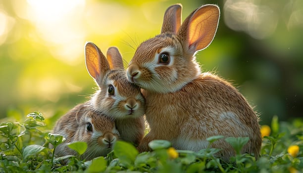 Fluffy baby rabbit sitting in green grass field generated by AI photo