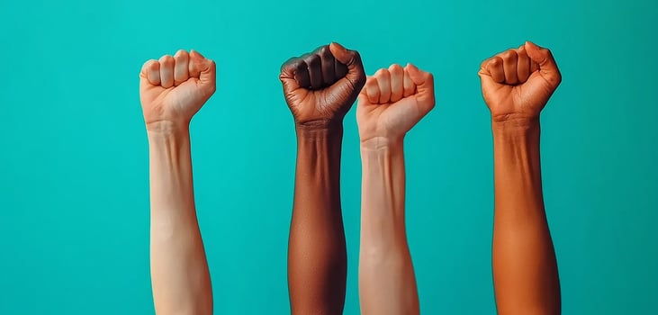 Teamwork and success with hands raised in unity generated by AI photo