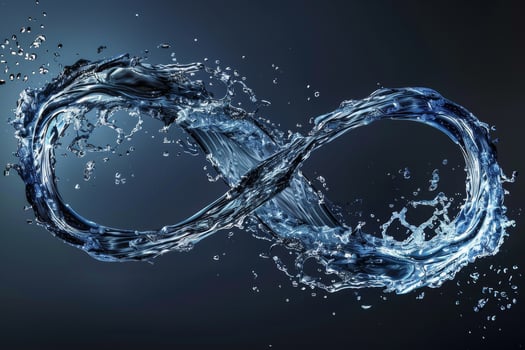 Water swirls energetically to create a striking infinity shape, with droplets flying outward. The dark backdrop enhances the vibrant motion and clarity of the water photo
