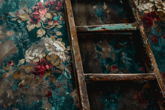 Dust collects on the vintage ladder resting against the ornate floral wallpaper, revealing a glimpse into an enigmatic, forgotten space that once thrived photo