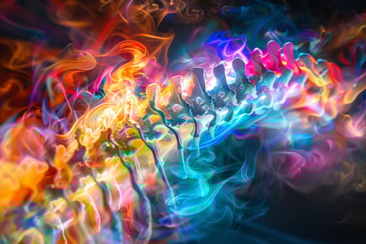 A vivid and colorful abstract depiction of a human spine is enhanced with swirling smoke effects, creating a dynamic and captivating visual composition photo