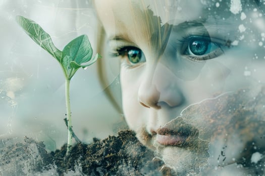 A young child with bright blue eyes looks intently at a small green plant emerging from the dark soil, conveying a sense of curiosity and connection to nature photo