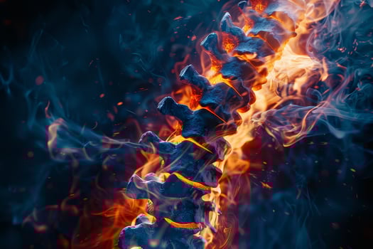 The human spine is artistically rendered with bright flames and swirling smoke, creating a captivating contrast between the skeletal structure and fire elements photo