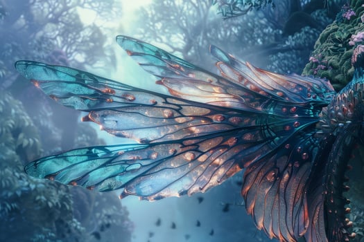 The intricately designed wings of a mythical being shimmer in an enchanting underwater landscape filled with colorful plant life and soft, diffused light photo