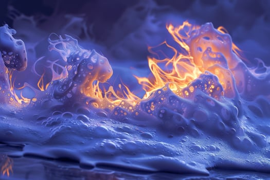 Bright flames dance above vivid blue waves, creating an extraordinary visual display at the beach under the enchanting night sky, showcasing nature's artistry in motion photo