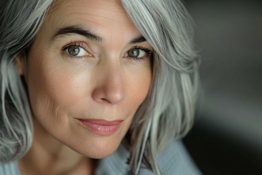 The woman exudes confidence and grace with her captivating gaze and gentle smile, highlighting the beauty of aging gracefully in a tranquil setting photo