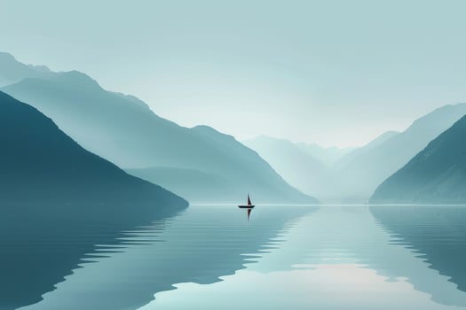 A boat is floating on a lake in the mountains photo