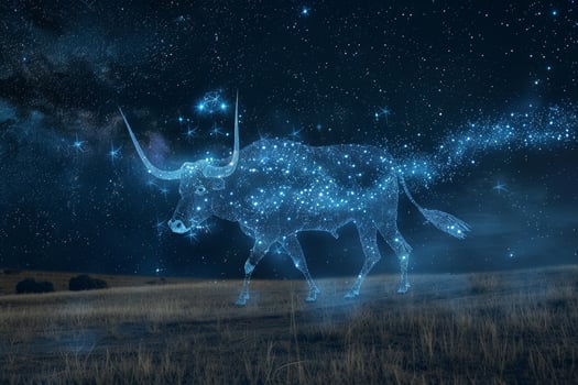 A luminous bull constellation shines brightly amidst the dark night sky, surrounded by a field of grass and twinkling stars, creating a magical atmosphere photo