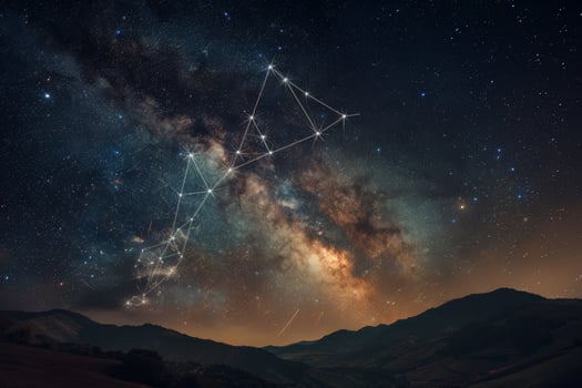 A breathtaking view of a starry sky adorned with constellations illuminates the night over a tranquil mountainous landscape. The scene captures the beauty of twilight photo