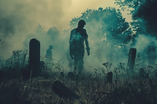 A lone figure moves through a fog-laden graveyard at dusk, surrounded by shadowy tombstones and an unsettling quiet, enhancing the eerie ambiance of the scene photo