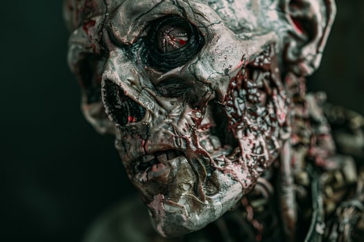 A close-up of a robotic skull, revealing its intricate design with mechanical parts, textures, and a haunting expression, illuminated in muted tones photo