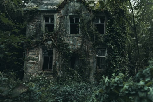 An abandoned house in the woods with vines growing over it photo