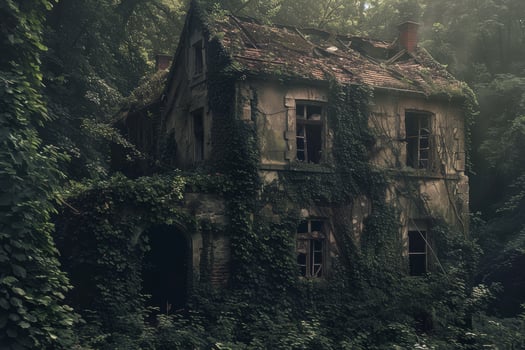 A house covered in vines and moss photo