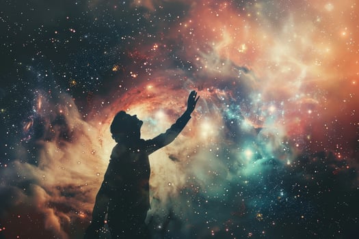 A person reaching up into the space with their hands photo