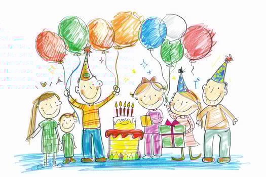 Happy birthday happy family with balloons and cake illustration photo