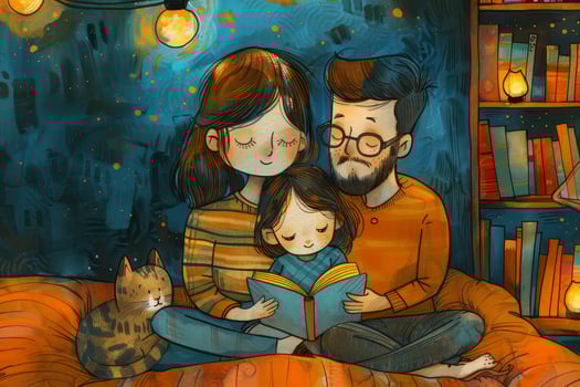 A family reading a book in front of a bookcase photo