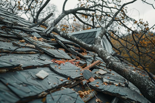 A tree branch has fallen on a roof, causing damage photo