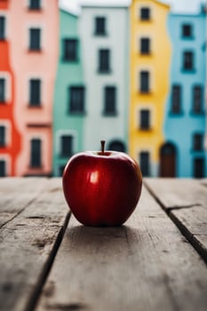 An apple sits on a table in front of colorful buildings photo