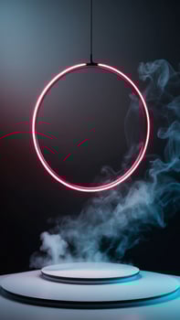 A neon ring hanging from a ceiling with smoke photo