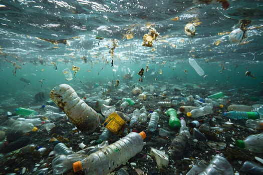 Underwater Pollution Crisis Ocean Filled with Plastic Waste and Debris photo