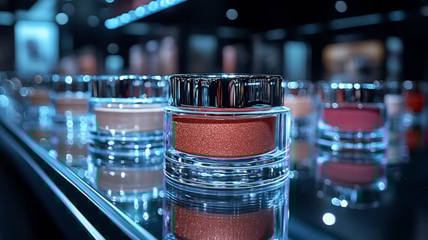 Chic Makeup display featuring bold saturated lip colors glossy highlighters silky foundation modern transparent containers on a pristine glass counter under spotlight lighting photo