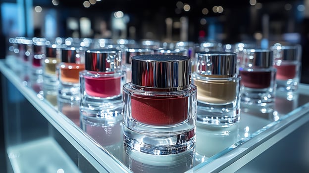 Chic Sophistication Modern Makeup Display Featuring Bold Lip Colors Glossy Highlighters Transparent Containers on a Pristine Glass Counter with Spotlighting photo
