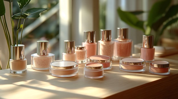 Delicate PastelThemed Makeup Display Featuring Creamy Blushes Radiant Powders Glossy Lip Balms Neatly Organized a Light Wooden Base with Sunlight Softly Illuminating the Scene photo