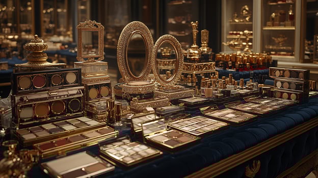 Regal Makeup Display Featuring RoyalThemed Packaging Deep Rich Eyeshadow Palettes Glossy Lip Balms Elegant Golden Compacts Arranged on a VelvetLined Counter with Lavish Gold Accents photo