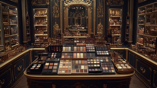 Regal Beauty Luxurious Makeup Display RoyalThemed Packaging Highlighting Deep Eyeshadow Palettes Glossy Balms on a VelvetLined Counter with Gold Accents photo