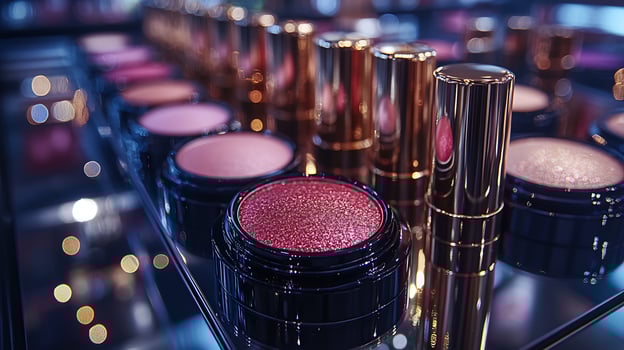 Golden GlowUp CloseUp of Rich Lipsticks Dewy Foundations a Reflective Surface with Soft Golden Lighting Enhancing Texture photo