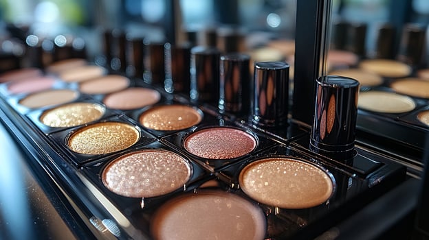Exquisite CloseUp of Creamy Eyeshadows Shimmering Highlighters Plush Lipsticks Neatly Organized a Mirrored Surface Under Soft Diffused Lighting That Highlights Textural Details photo