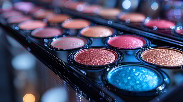 Texture Glow CloseUp Display of Creamy Eyeshadows Plush Lipsticks Neatly Arranged on a Mirrored Surface with Soft Diffused Lighting to Enhance Product Details photo