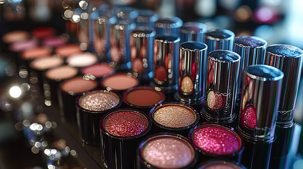 Exquisite closeup display featuring bold lipsticks soft blush powders glowing highlighters arranged a dramatic layered setup with sophisticated lighting enhancing the textures and colors photo