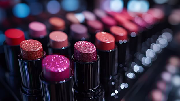 Layered Drama CloseUp of Bold Lipsticks Soft Blushes a Layered Arrangement Under Elegant Lighting for a Textured Appeal photo