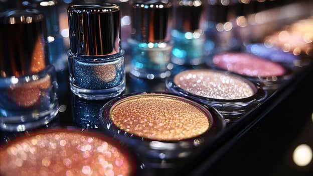 Makeup closeup display showcasing iridescent powders metallic eyeshadows highshine lip glosses a reflective arrangement under soft lighting highlighting each product's shimmer and glow photo