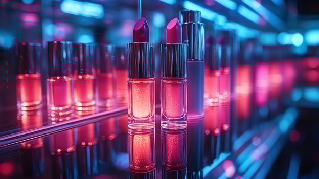 Neon Vibe Vibrant Makeup CloseUp Featuring Glossy Lipsticks Bold Eyeliners Reflective Surfaces with Dynamic Lighting Effects photo