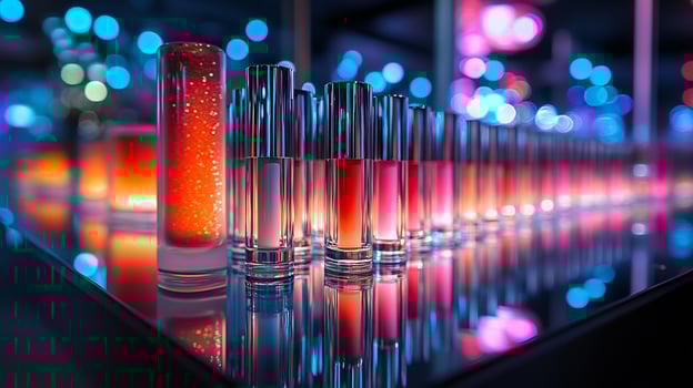 Striking Makeup Arrangement Featuring Bold Geometric Elements Impactful Lip Colors Precise Eyeliners Glowing Highlighters Artfully Arranged on Sleek Mirrored Surfaces Under Sharp Lighting photo