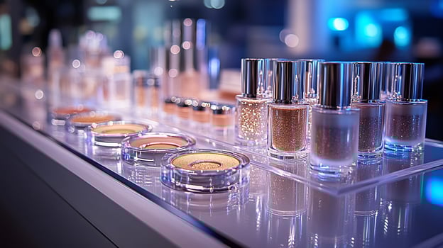 Luminous Collection Radiant Makeup Display Liquid Highlighters Glossy Lip Colors Neatly Arranged on a Pristine Glass Platform Under Soft Lighting photo