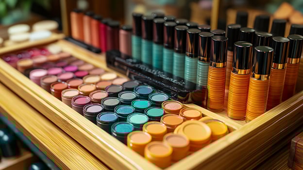 Makeup display vintage setting with vibrant retroinspired packaging showcasing colorful eyeliners radiant blushes and bold lipsticks arranged on wooden trays and soft velvet cloth photo