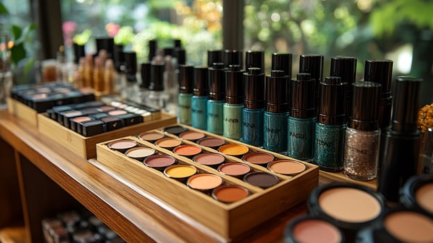 Retro Glam Vintage Makeup Arrangement Featuring Colorful Eyeliners Radiant Blushes Wooden Trays with Soft Velvet Accents photo