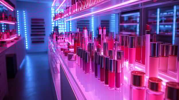 Makeup display neon lights bold electrichued lipsticks highshine lip glosses graphic eyeshadows placed on glowing shelves with vibrant neon lighting illuminating the products photo